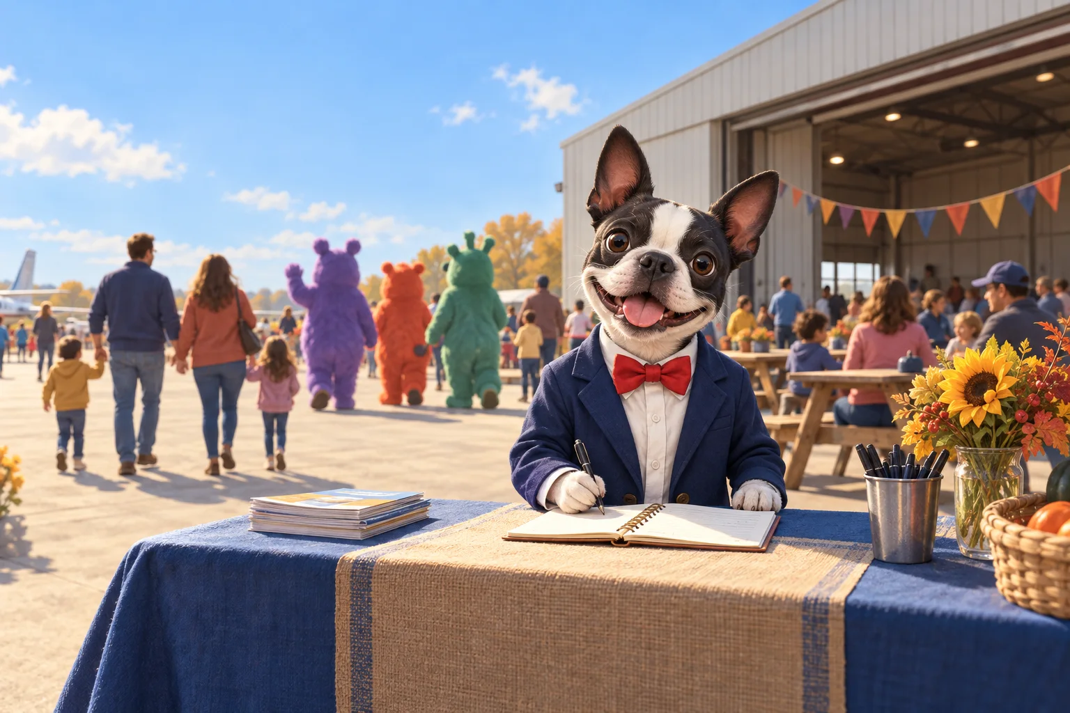 Buster Barkley writes in a reporter notebook at a sunny family-day gathering outside a hangar, while families and colorful costume silhouettes stroll behind him.