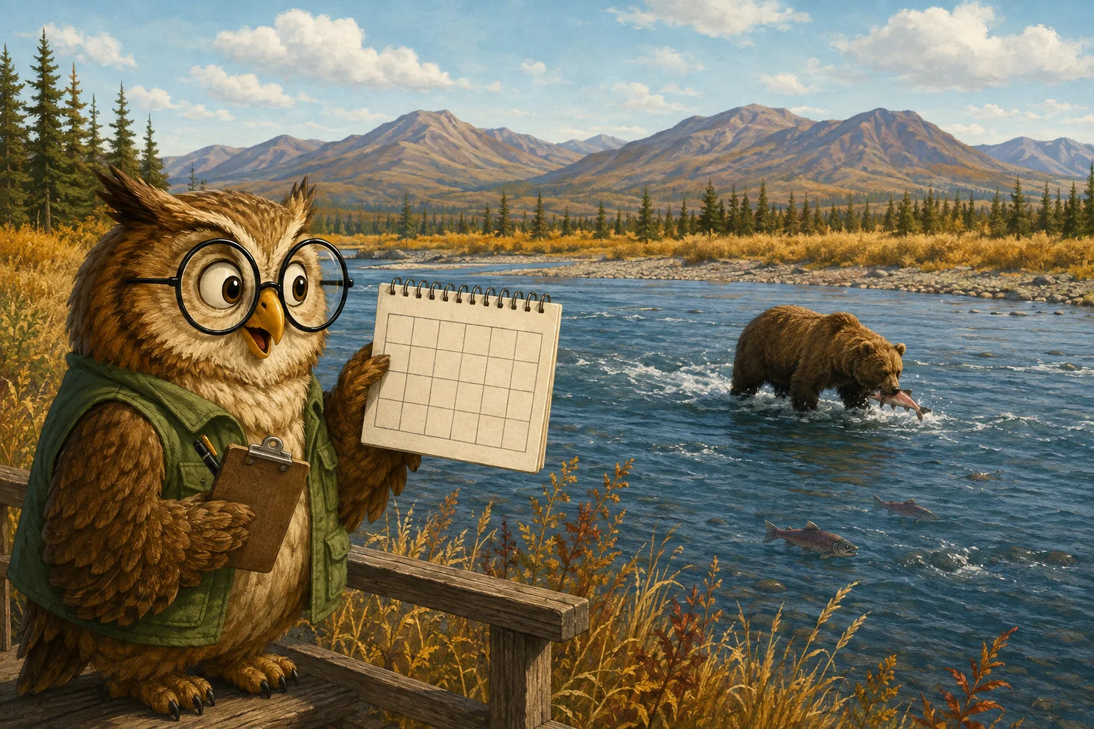 Professor Hoot observes a brown bear catching salmon from a safe riverside viewpoint in Alaska.