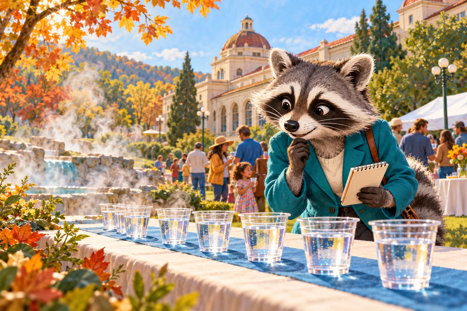 Rita Raccoon studies a row of clear water tasting cups at a sunlit Hot Springs festival beside a steaming thermal-water feature.