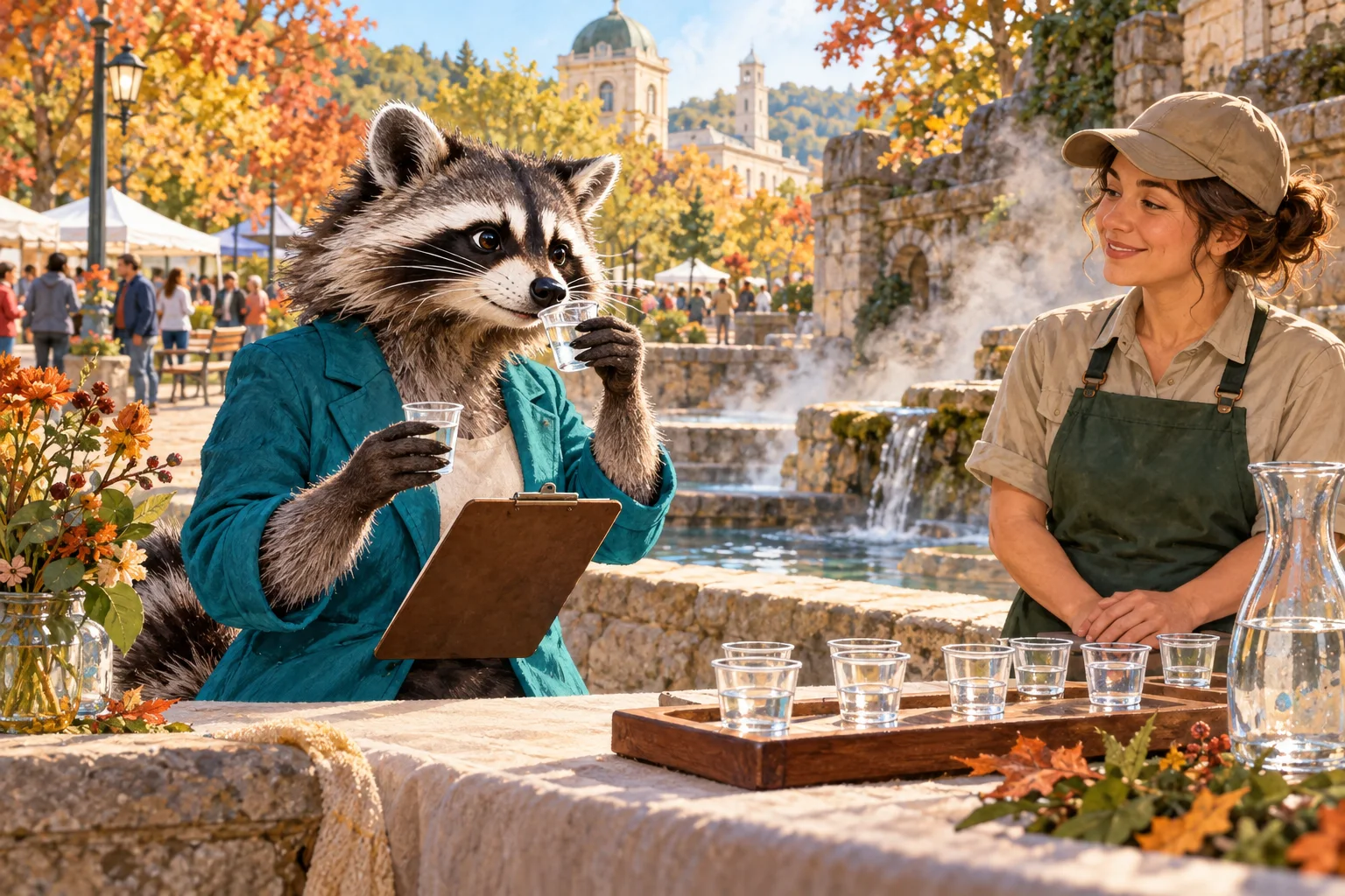 Rita Raccoon compares clear water samples at an outdoor Hot Springs festival table beside a steaming stone spring.