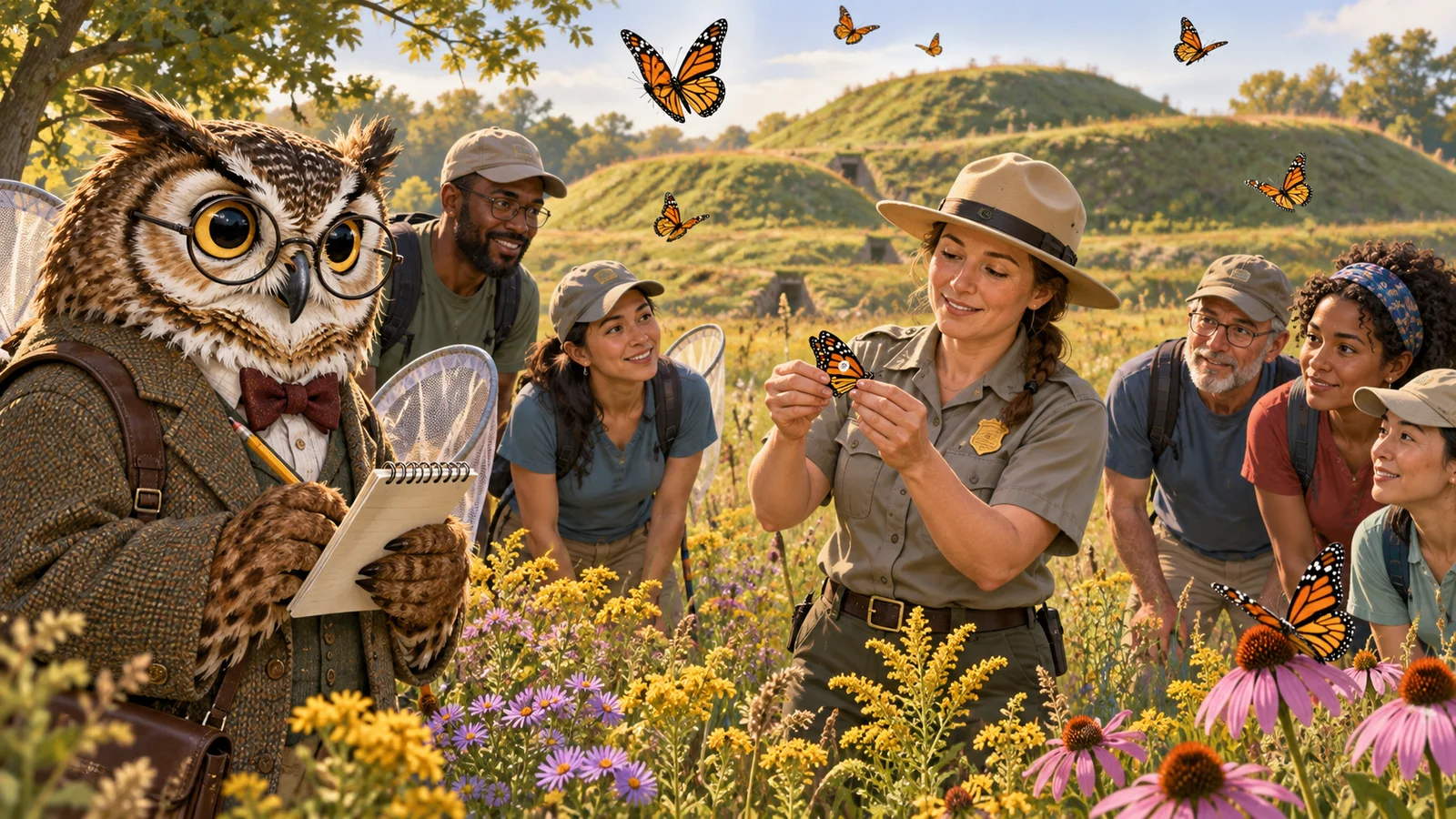 Professor Hoot observes a park ranger demonstrating monarch butterfly tagging with volunteers at a sunny Ohio meadow.