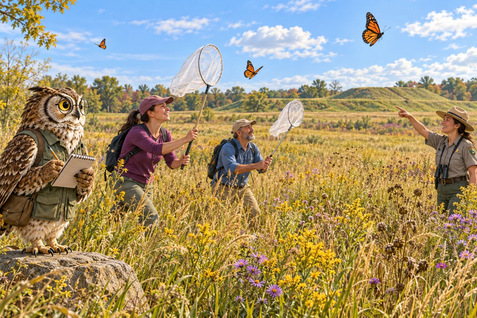 Professor Hoot observes volunteers and a park ranger using butterfly nets in an Ohio meadow while monarch butterflies fly overhead.