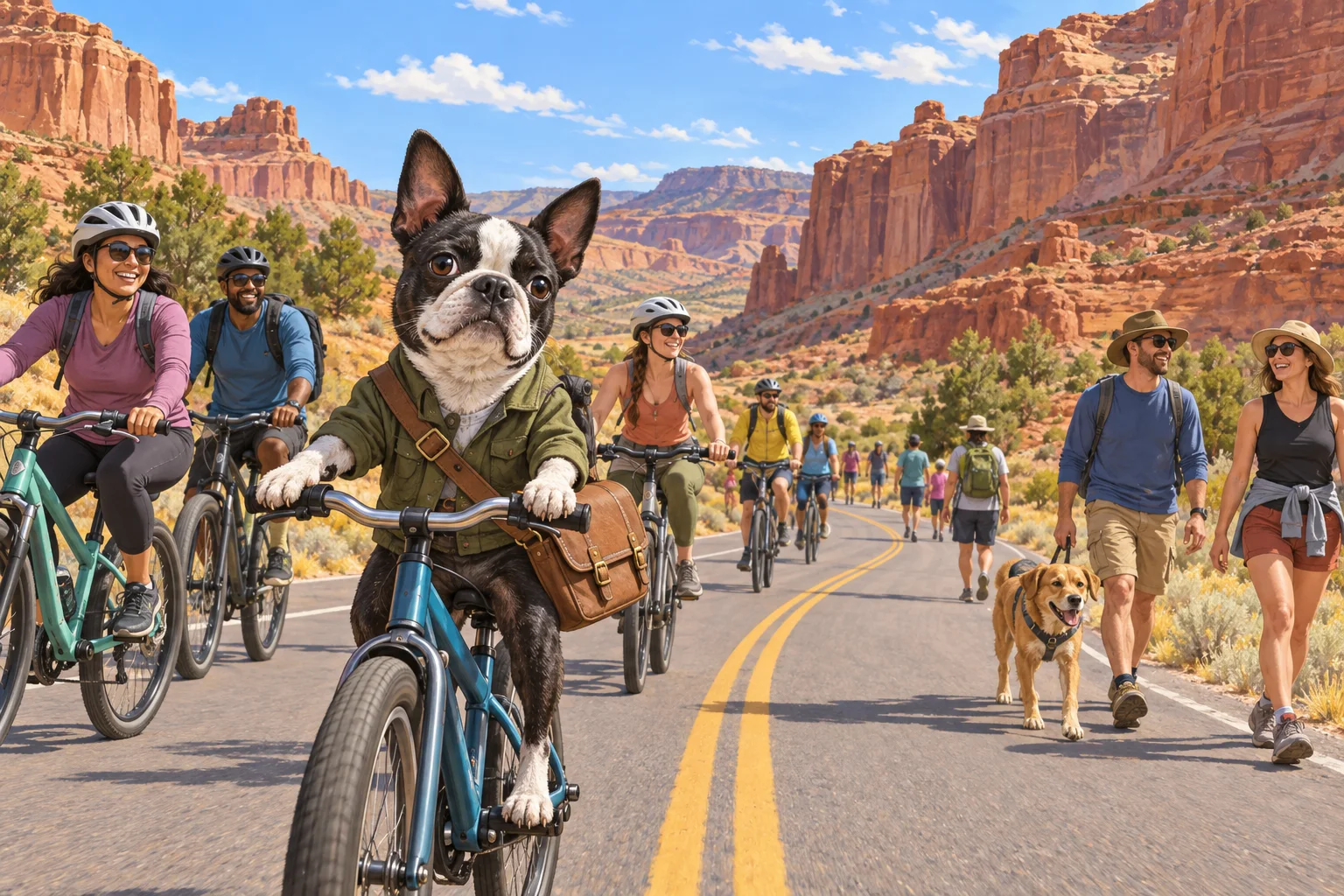 Editorial illustration of Buster Barkley riding a bicycle with visitors and a leashed dog on a sunlit red-rock scenic road.