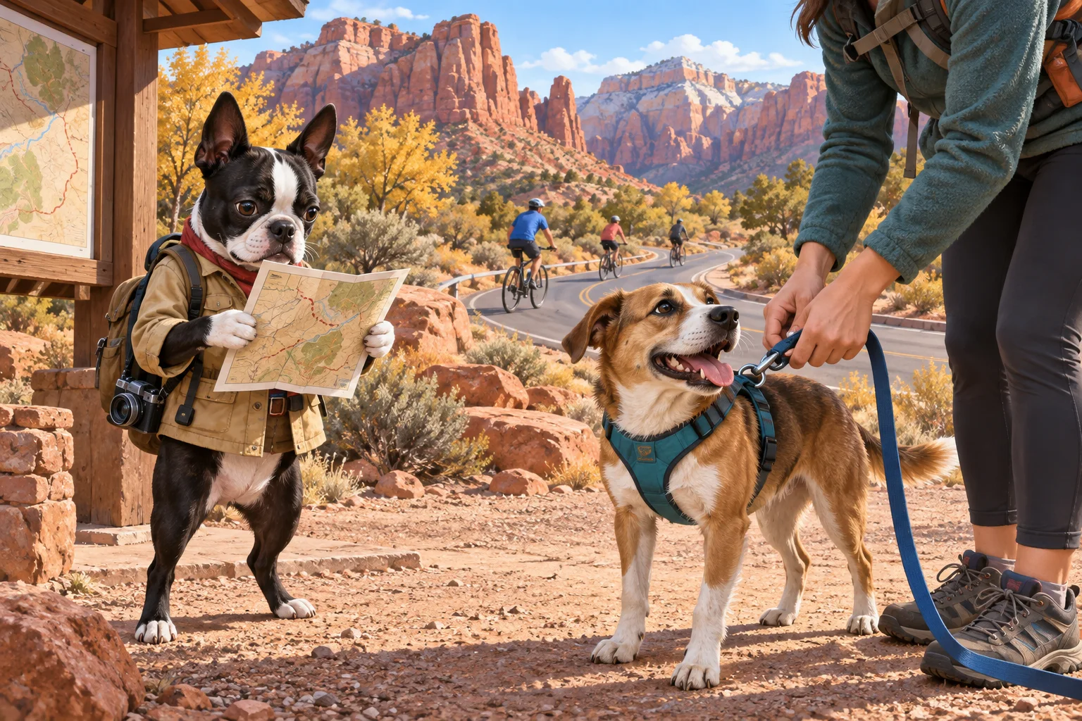 Editorial illustration of Buster Barkley checking a route map while a visitor secures a leash on a cheerful dog near cyclists in red-rock country.