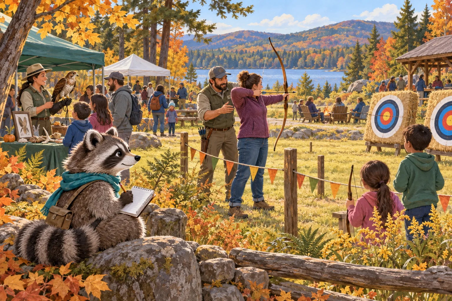 Editorial illustration of Rita Raccoon observing a family archery activity at a wildlife refuge festival