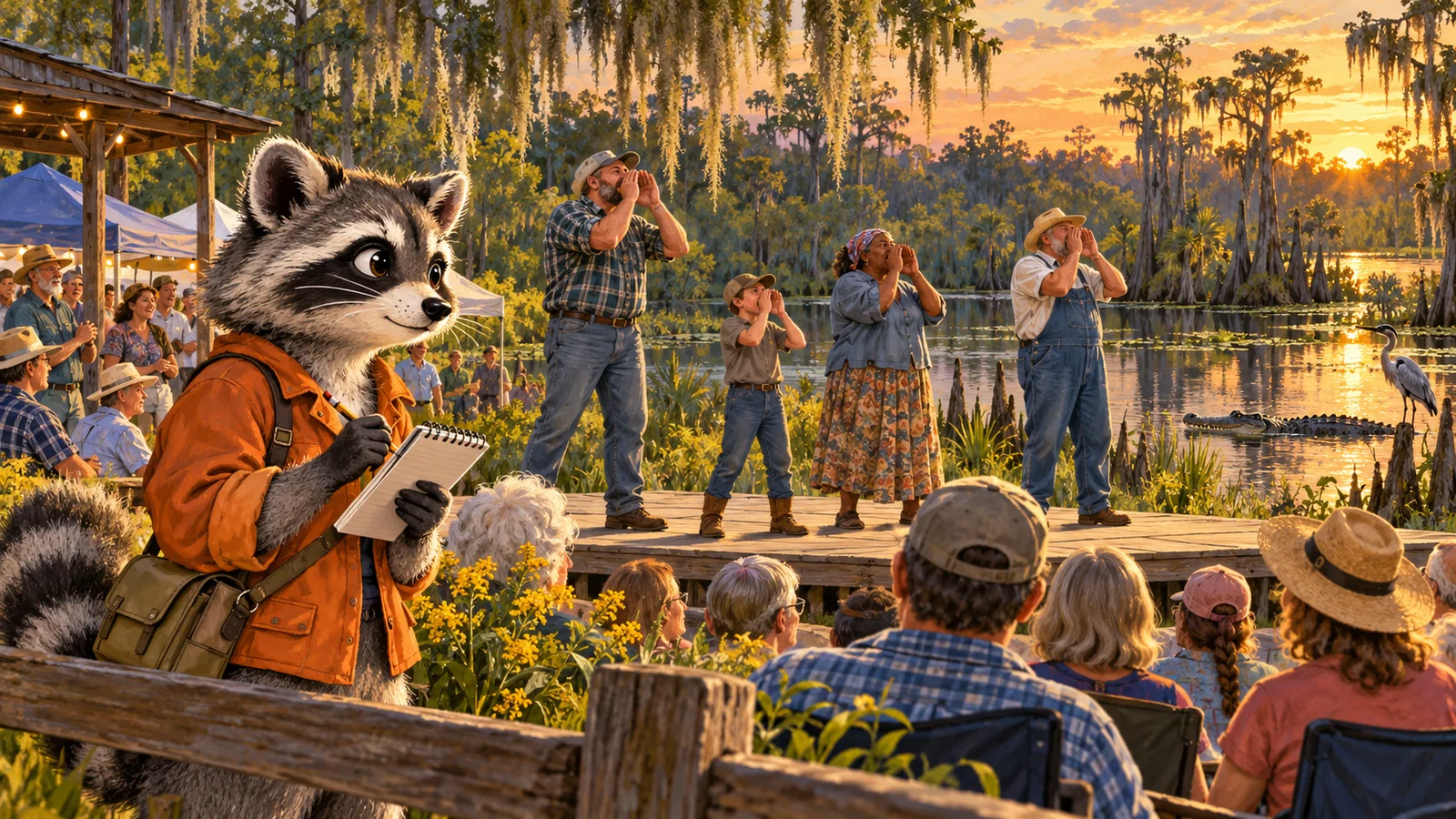 Editorial illustration of Rita Raccoon reporting from a friendly Folkston festival beside the Okefenokee wetlands as contestants prepare for a hollering contest