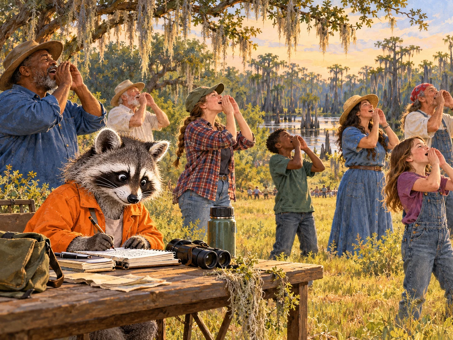 Editorial illustration of Rita Raccoon taking careful notes while adult and youth contestants practice traditional hollers at a Georgia community festival