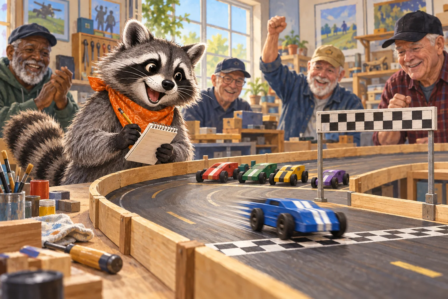 Rita Raccoon watches a blue miniature car cross a tabletop finish line as workshop visitors celebrate