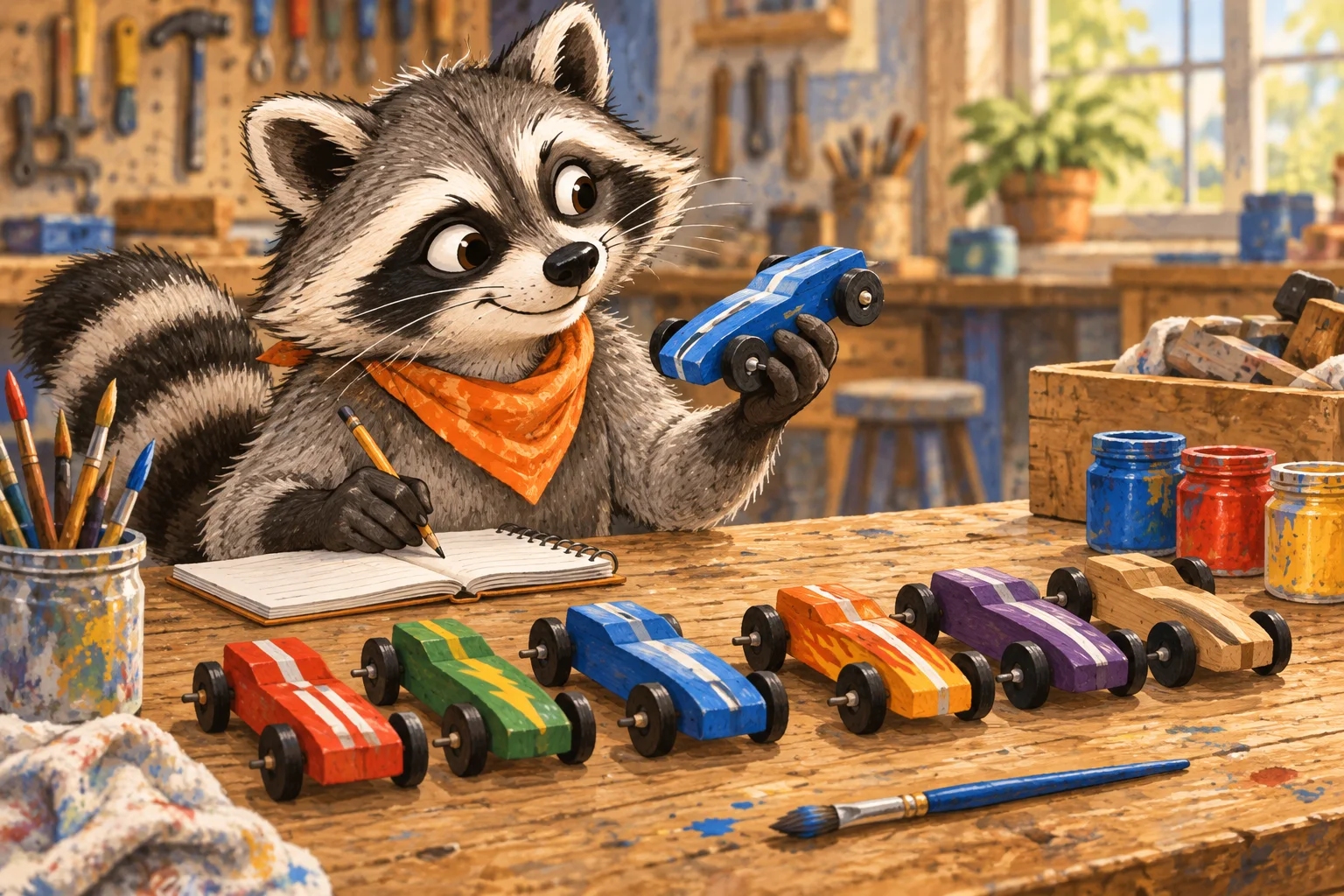 Rita Raccoon studies a blue handbuilt model car in a workshop full of miniature racers