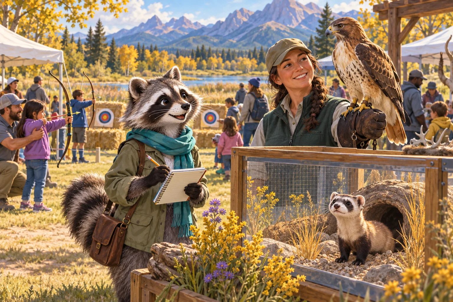 Editorial illustration of Rita Raccoon reporting at a wildlife refuge festival with a hawk, a black-footed ferret, families and archery