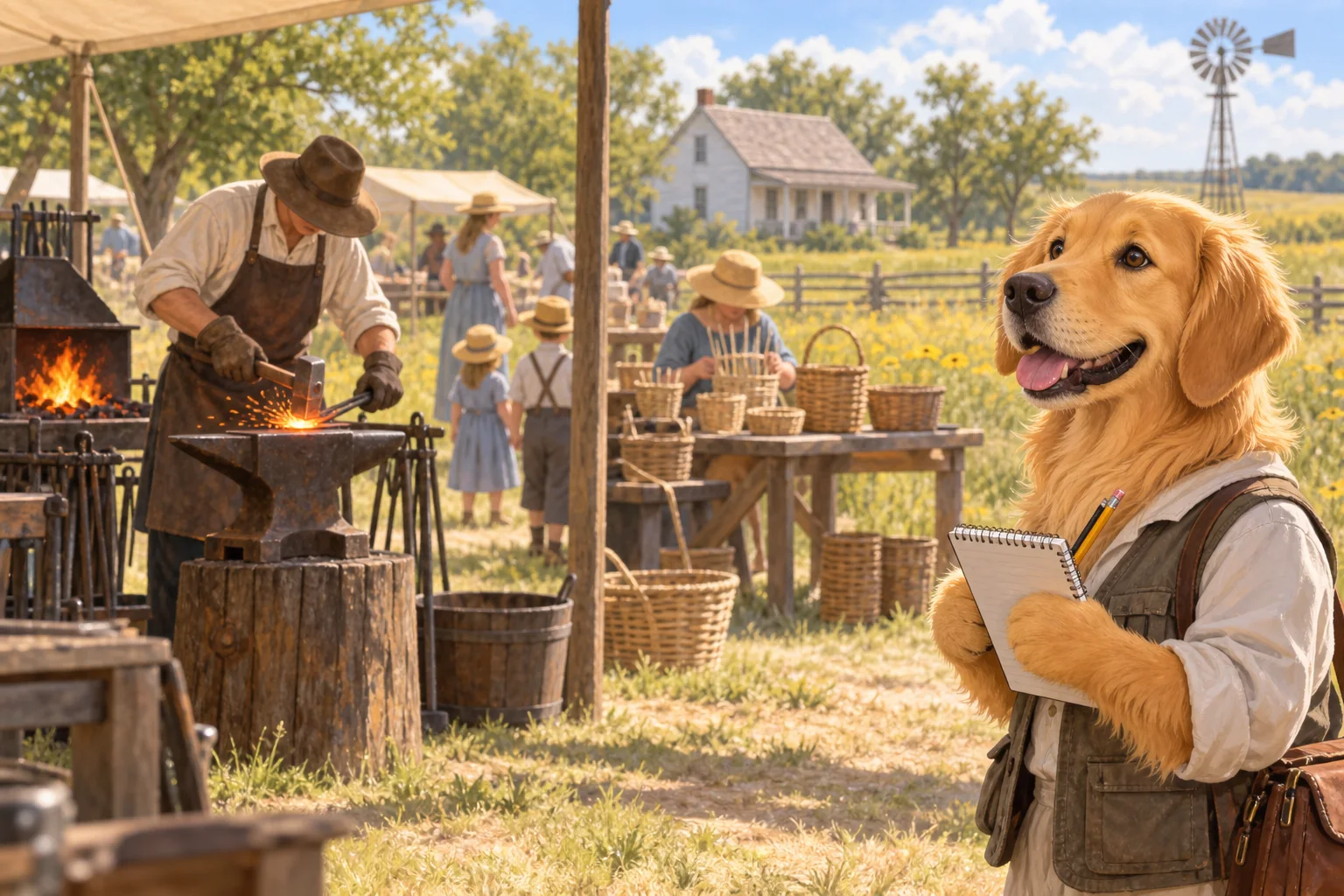 Editorial illustration of Sunny the golden retriever reporter observing a blacksmith and basket weaver at a prairie heritage gathering.