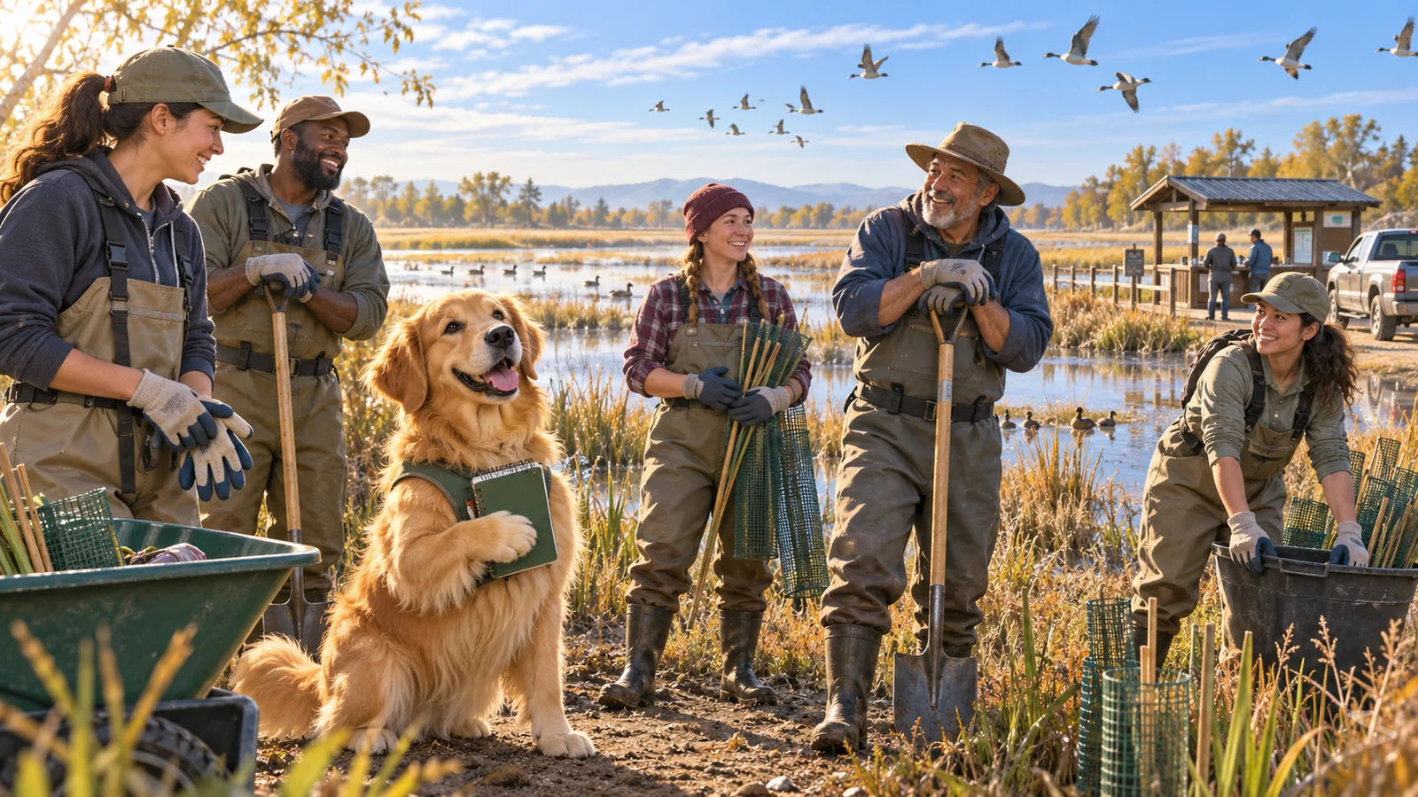 Sunny the golden retriever host with community volunteers in waders beside a Sacramento Valley wetland