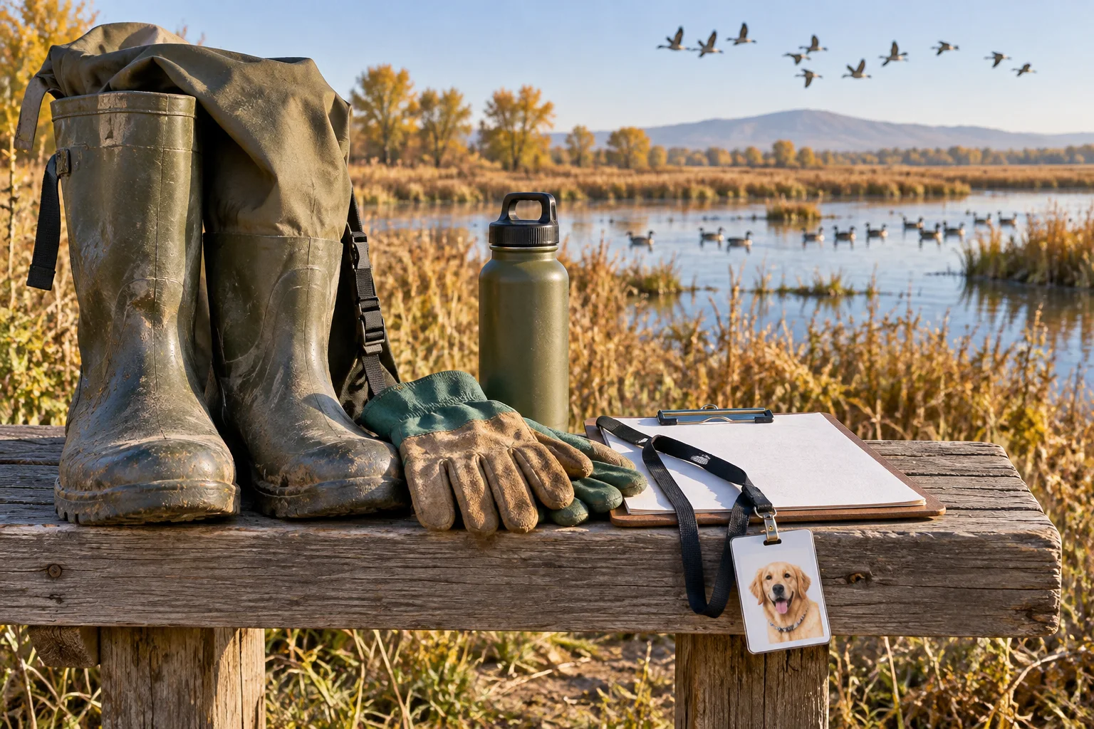 Waders, work gloves, a water bottle and a volunteer clipboard beside a sunlit wetland