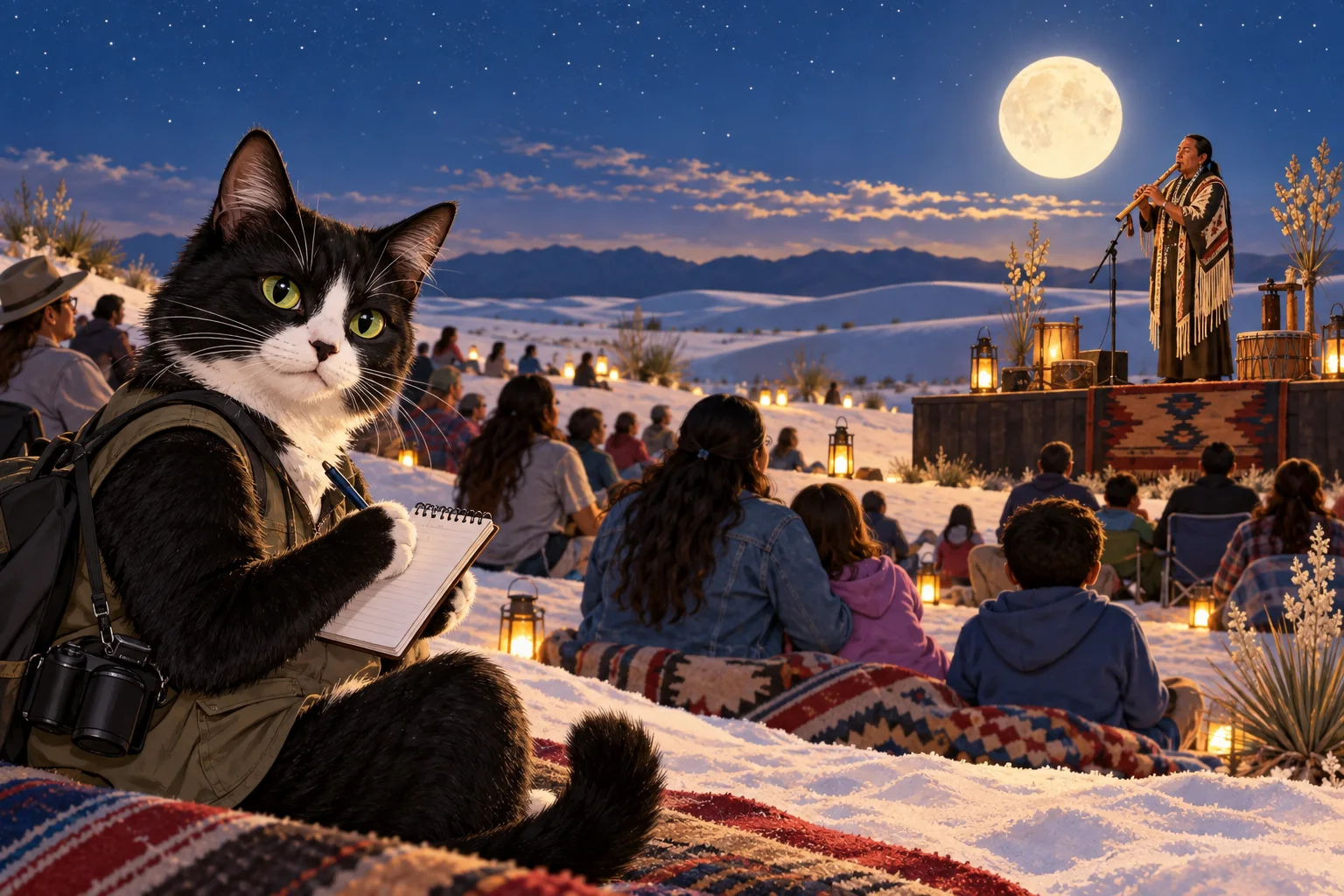 Cleo Claws takes notes during a full-moon concert at White Sands National Park.
