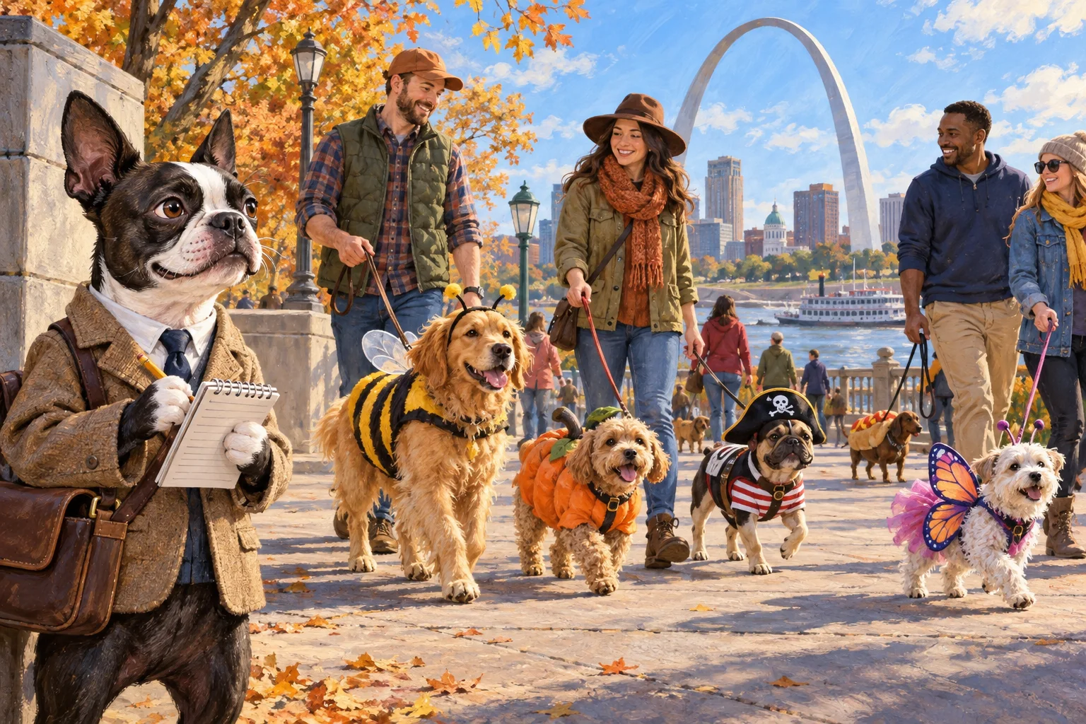 Editorial illustration of Buster Barkley reporting beside a cheerful group of leashed dogs in simple costumes near the Gateway Arch