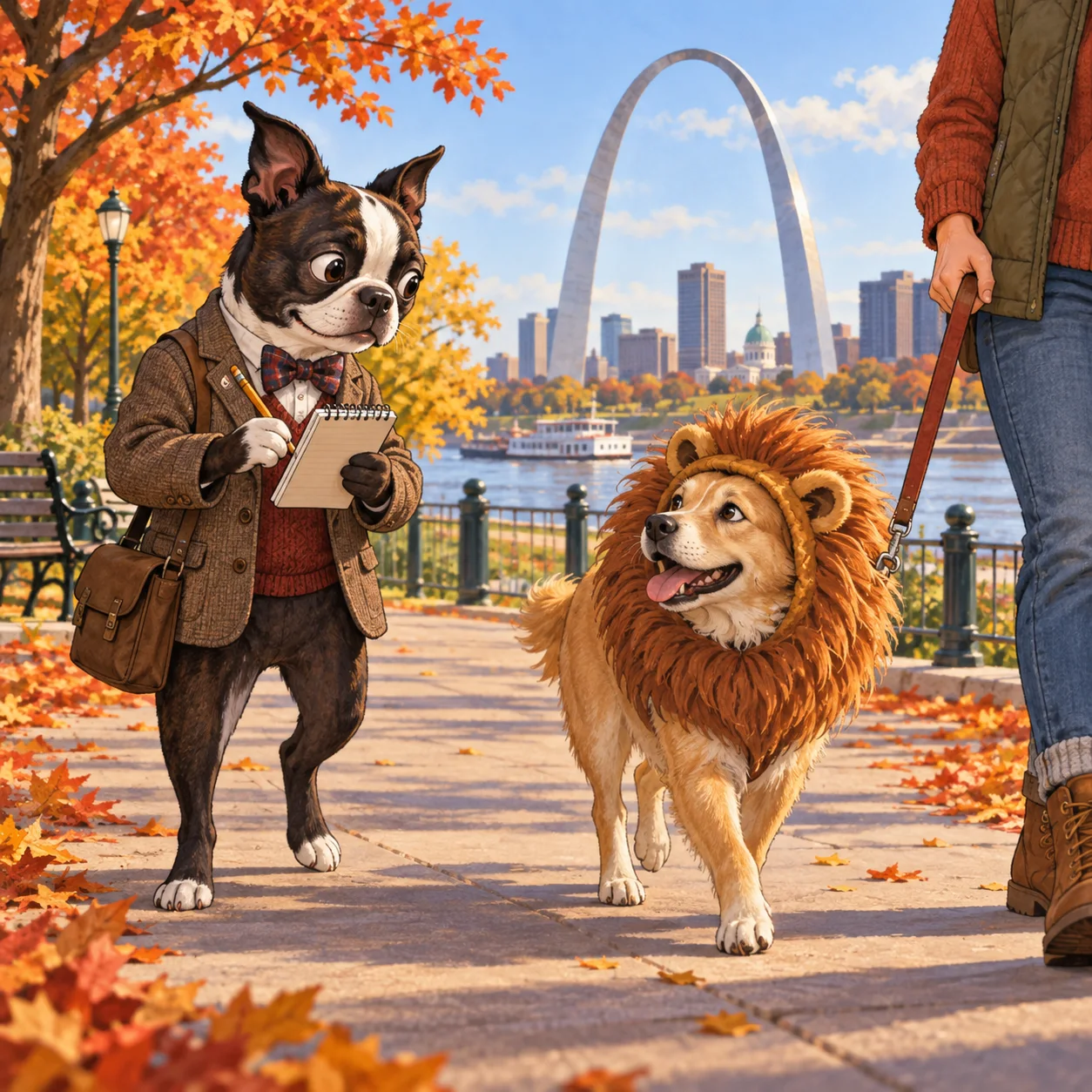Editorial illustration of Buster Barkley taking notes as a leashed dog in a lion mane costume walks with its person near the Gateway Arch