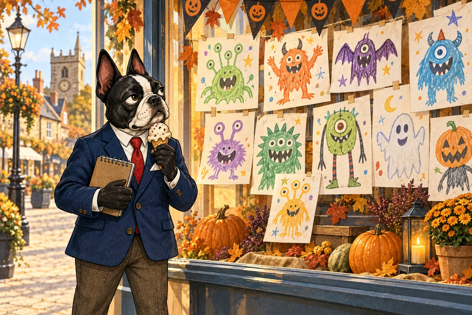 Buster Barkley considers colorful monster sketches beside an ice-cream cone