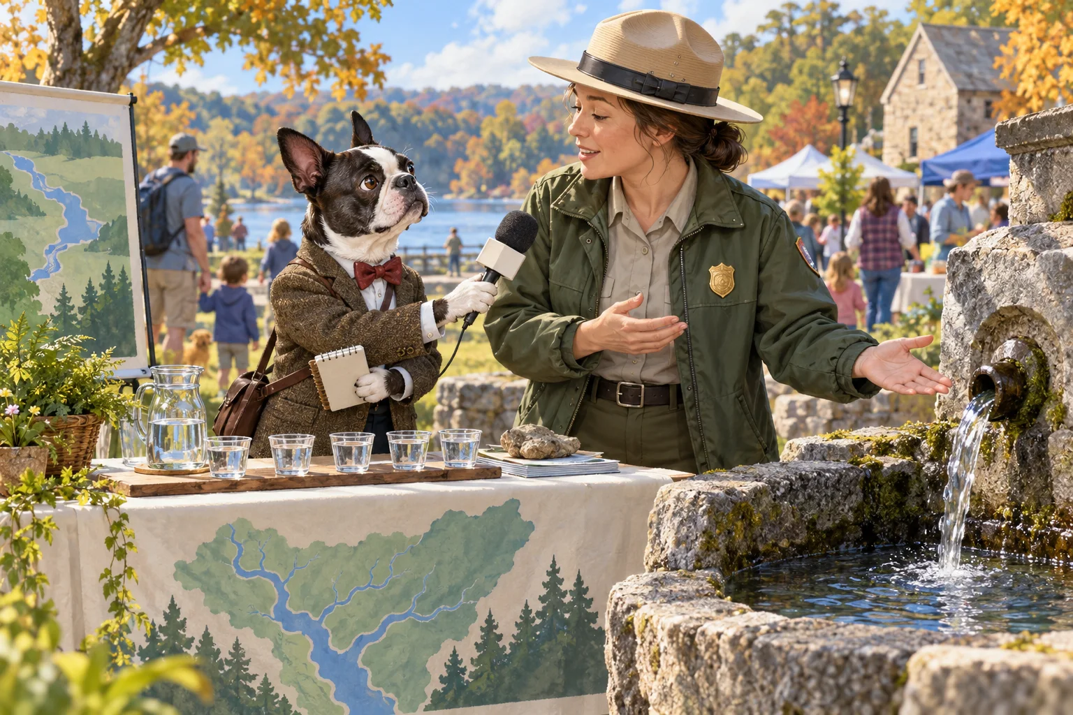 Editorial illustration of Buster Barkley speaking with a park ranger beside a flowing stone spring fountain at a community water festival.