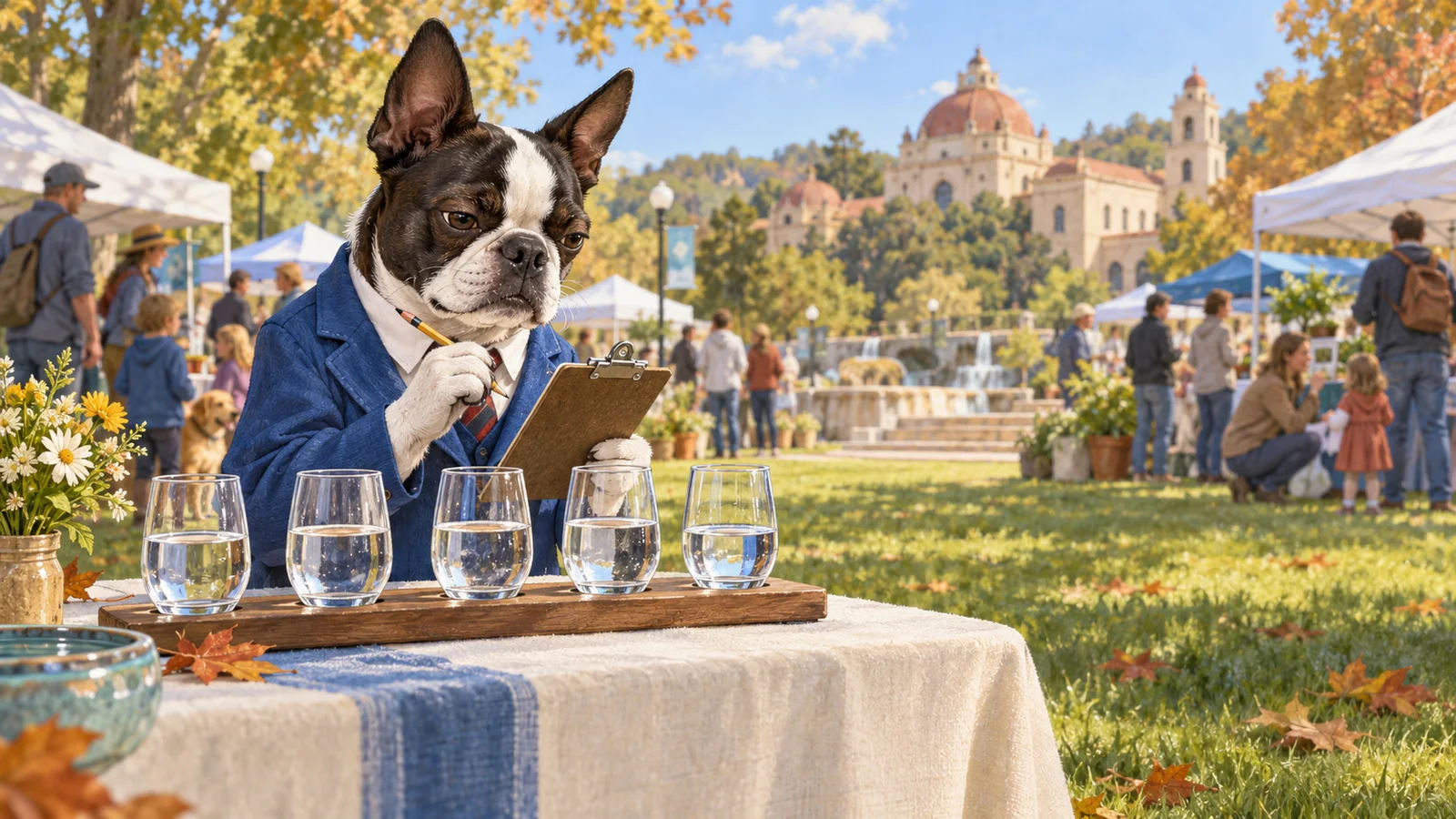 Editorial illustration of Buster Barkley carefully judging a flight of spring-water glasses at an outdoor community festival.