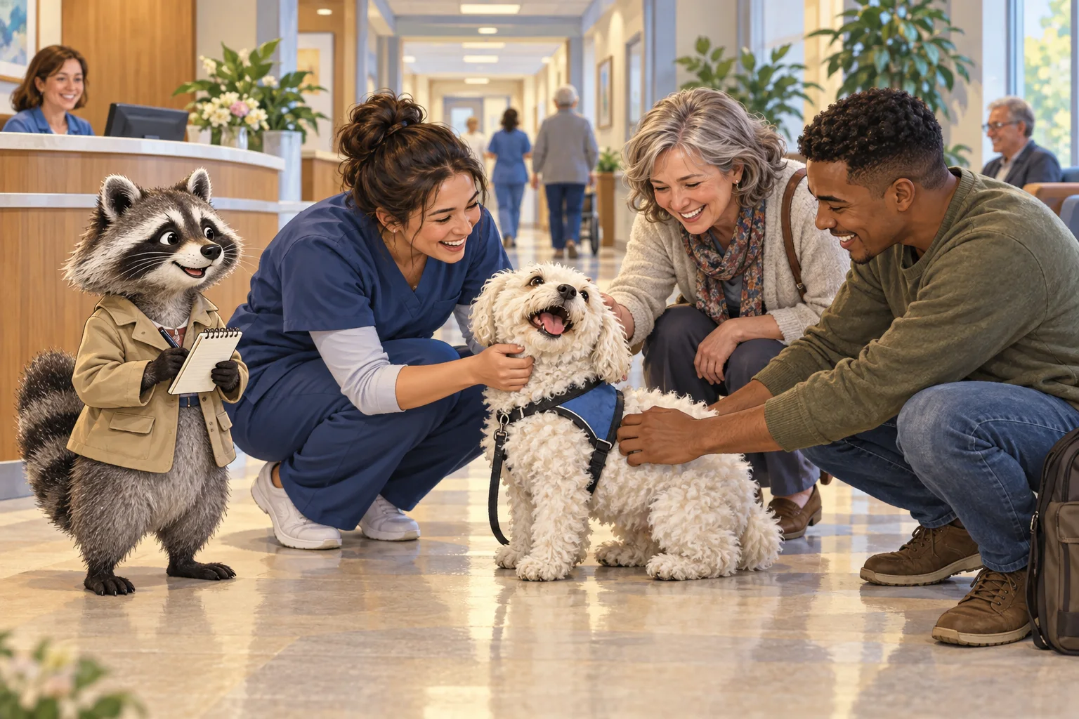 Rita Raccoon observes a curly-coated therapy dog representing Wednesday greeting hospital visitors and staff in a welcoming lobby