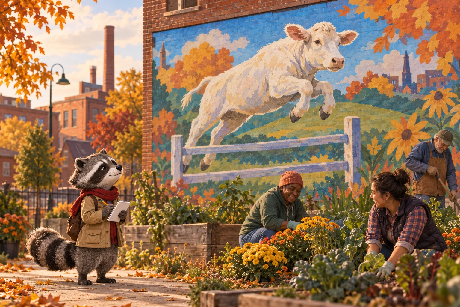 Editorial illustration of Rita Raccoon studying a community mural that honors a leaping cow