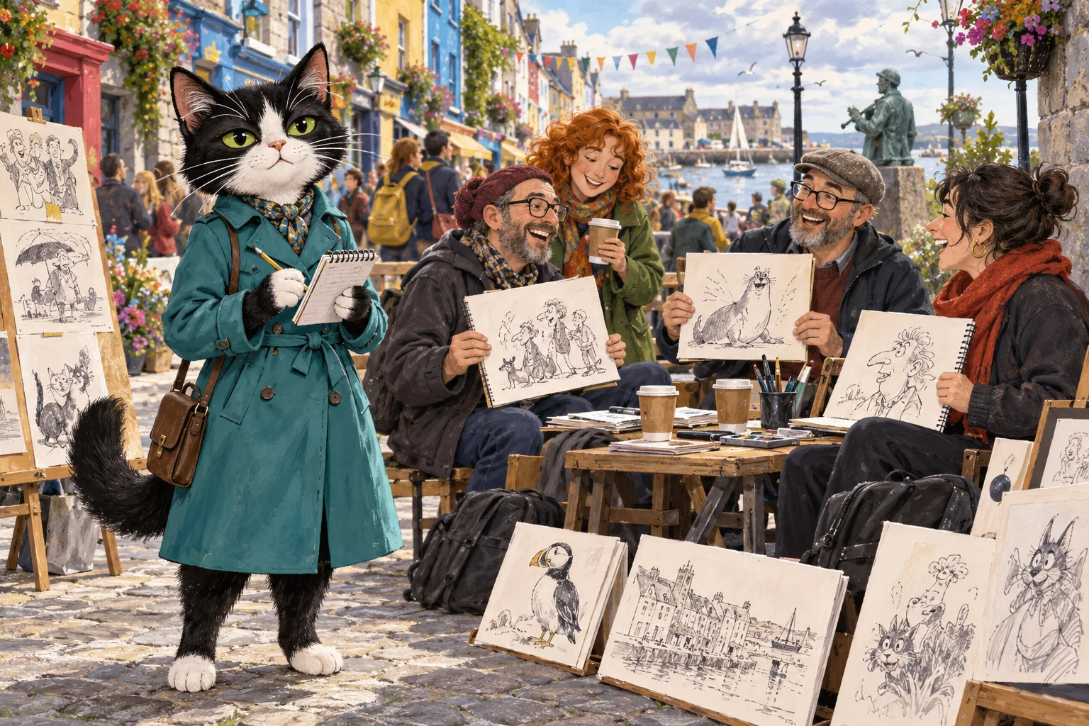Editorial illustration of Cleo Claws reporting among laughing cartoonists on a colorful Galway street.