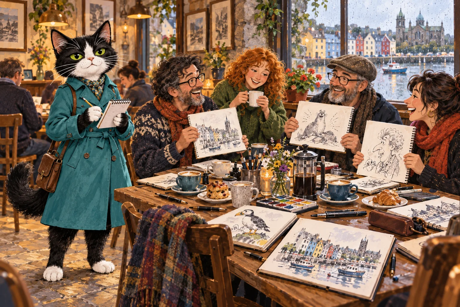 Editorial illustration of Cleo Claws taking notes beside cartoonists sharing coffee and sketches in a cozy Galway café.