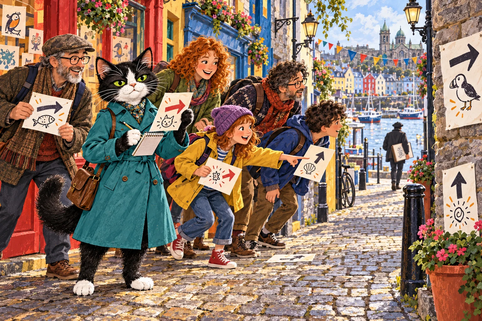 Editorial illustration of Cleo Claws leading festivalgoers along a colorful Galway lane as they follow hand-drawn clues in a cartoonist treasure hunt.