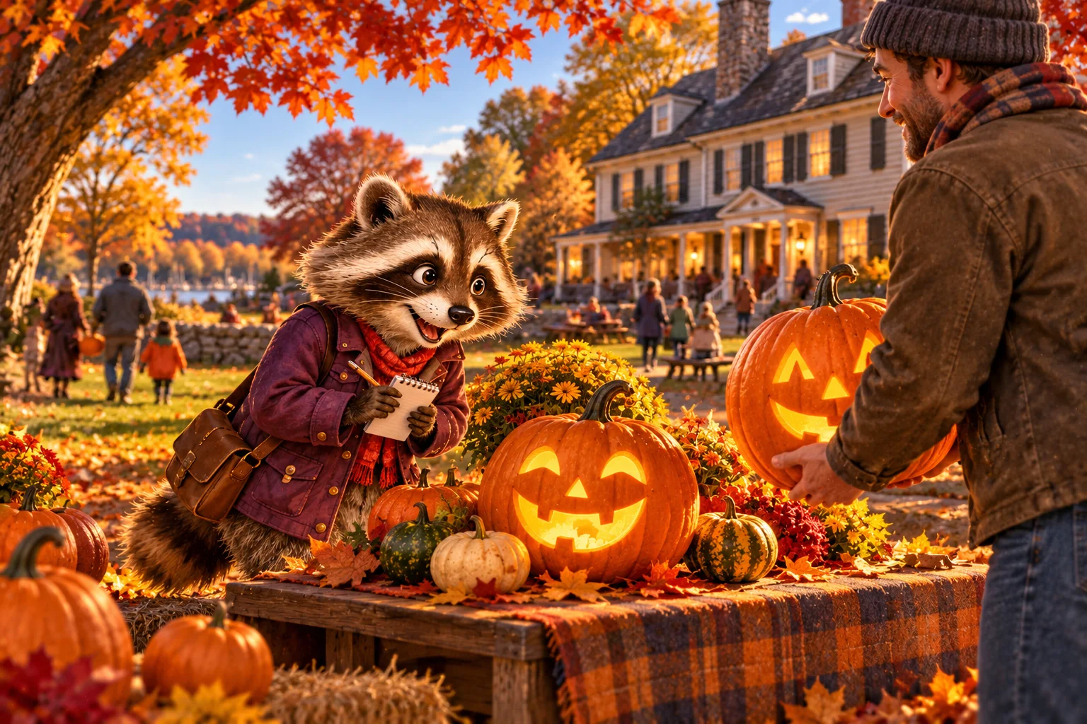 Editorial illustration of Rita Raccoon taking notes as a visitor brings a carved pumpkin to an autumn park display.