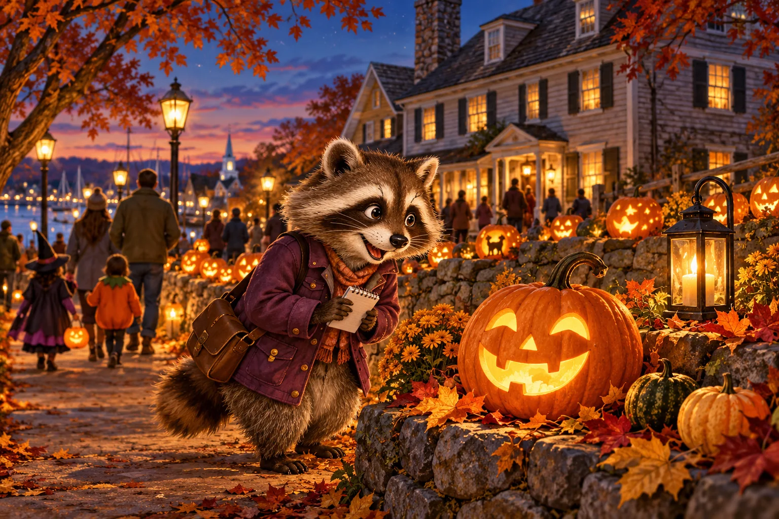 Editorial illustration of Rita Raccoon admiring a glowing jack-o’-lantern along a lantern-lit New England tavern path.