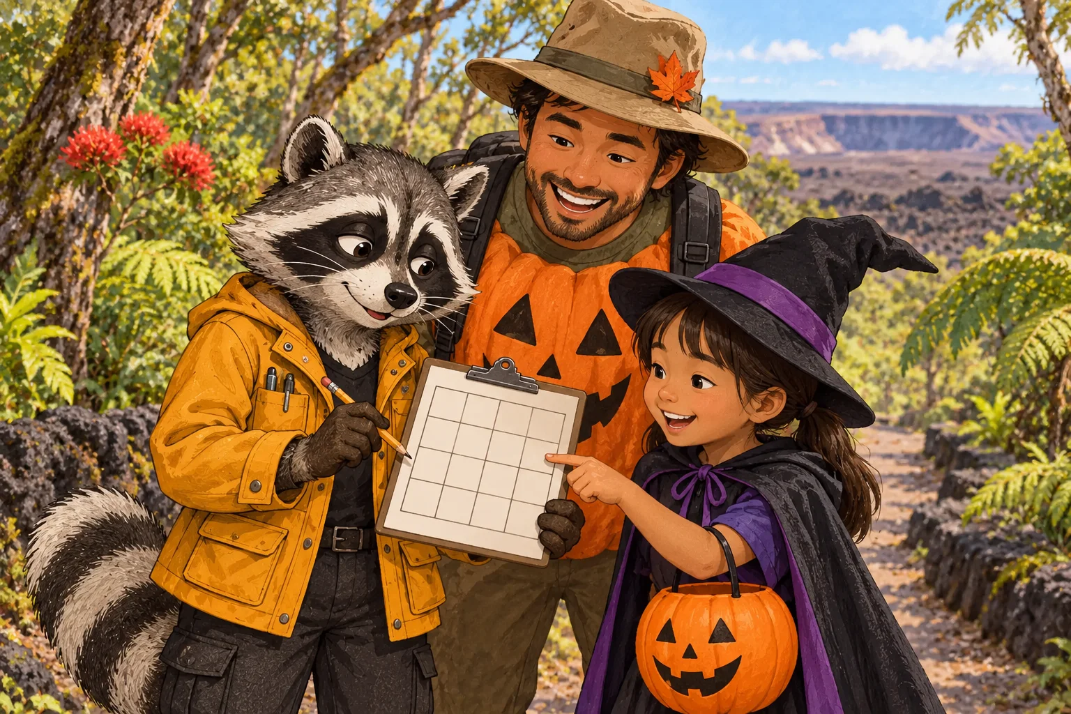 Rita Raccoon joins a family in Halloween costumes for a bingo scavenger hunt amid Hawaiʻi Volcanoes National Park scenery.