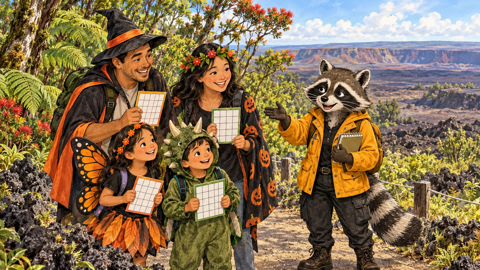 Rita Raccoon reviews a blank bingo card with a family in Halloween costumes on a Kahuku trail. Editorial illustration.