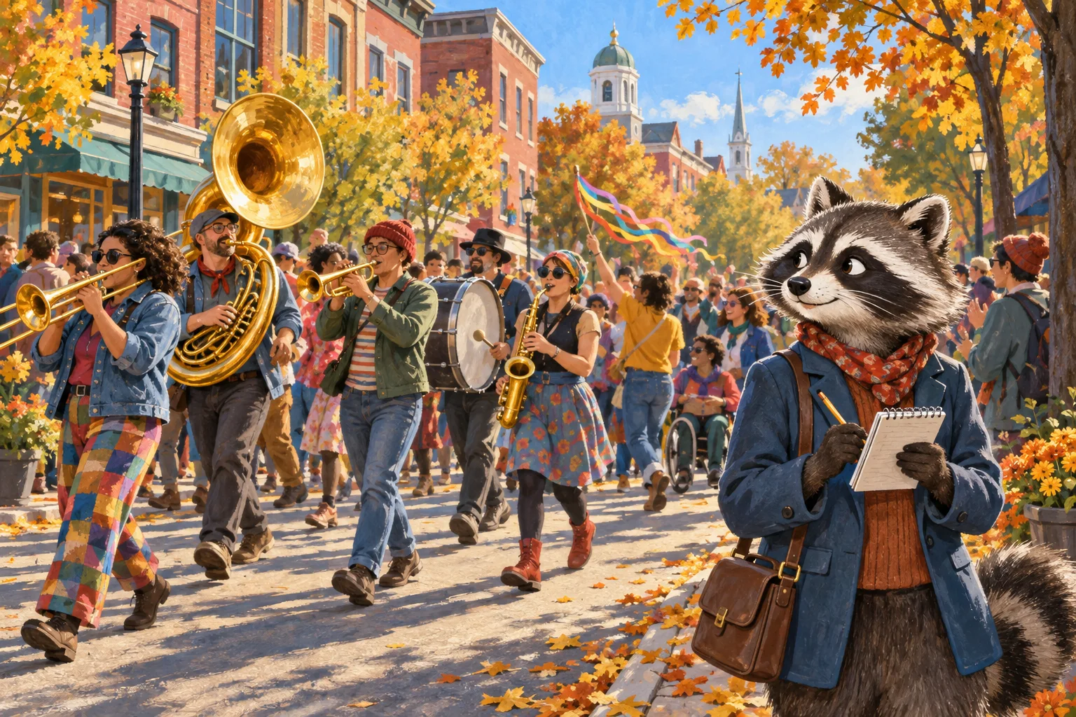 Rita Raccoon reports beside a community brass band and neighbors moving through an autumn city street.