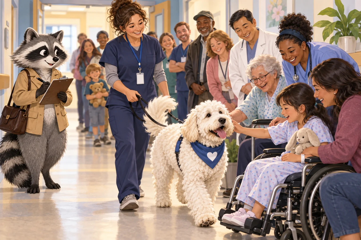 A curly-coated therapy dog representing Wednesday pauses for greetings from hospital staff and visitors as Rita Raccoon takes notes