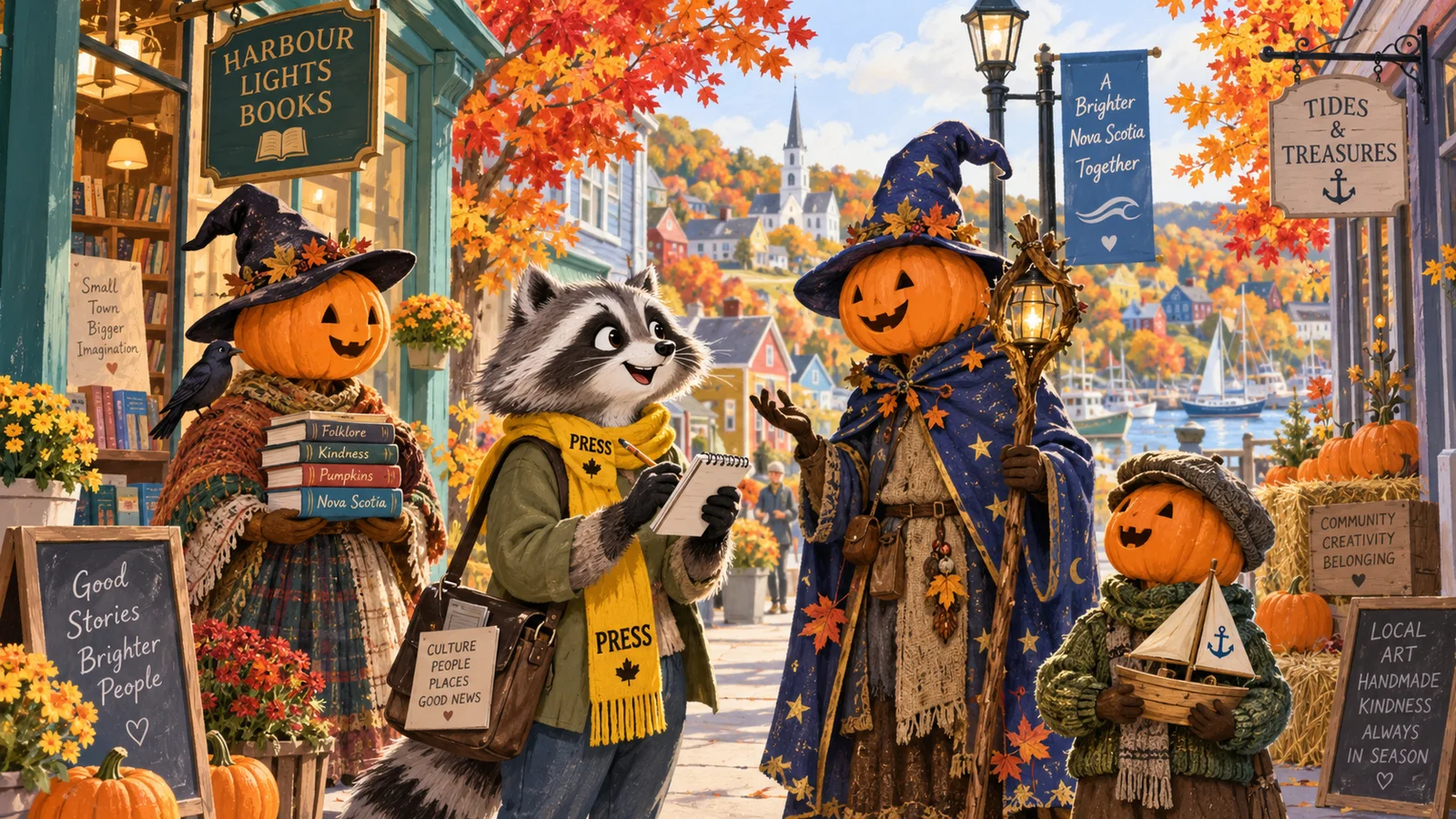Rita Raccoon discovers whimsical pumpkin-headed characters along a leafy Kentville street