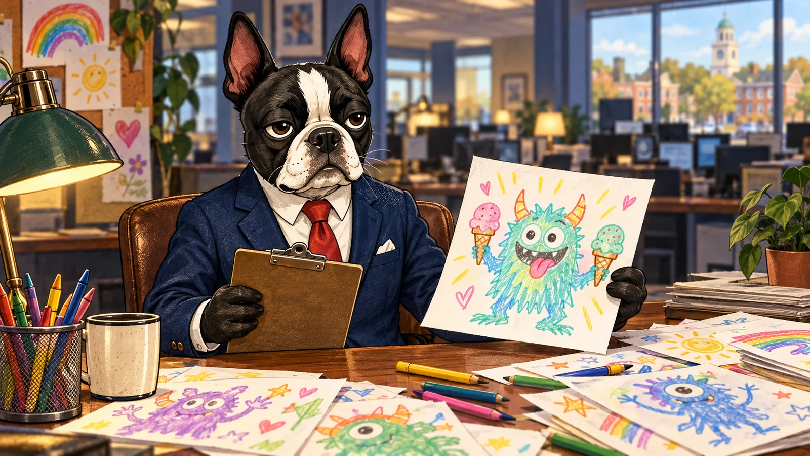 Buster Barkley reviews a colorful ice-cream monster drawing at his newsroom desk
