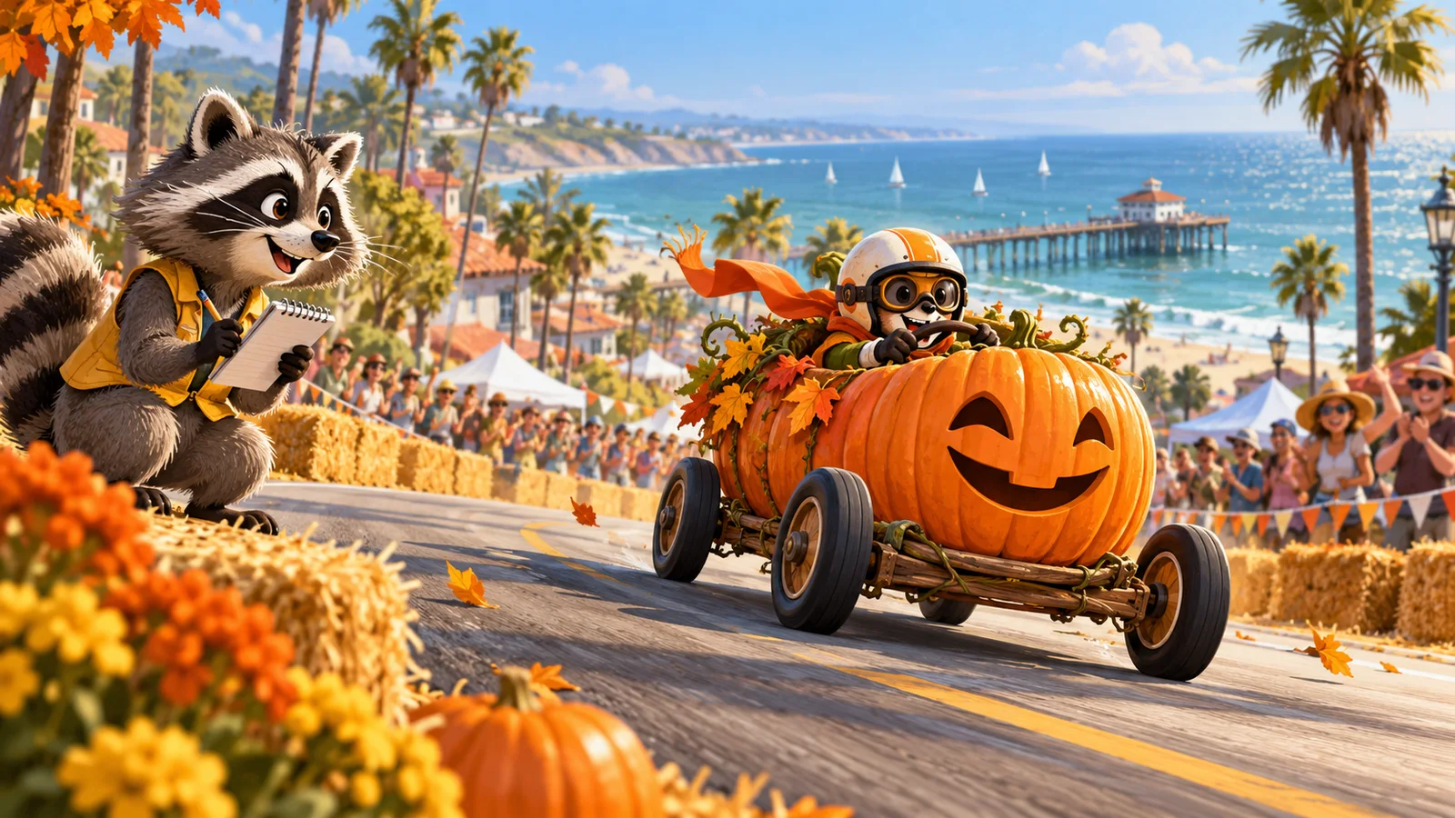 Editorial illustration of Rita Raccoon watching a handcrafted pumpkin racer roll toward a coastal pier.