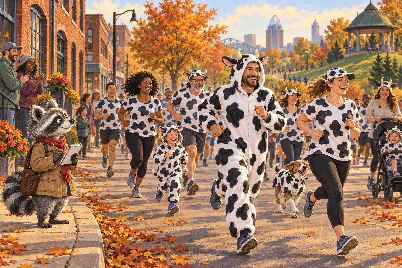 Editorial illustration of Rita Raccoon taking notes beside neighbors jogging in cow-print costumes in Cincinnati