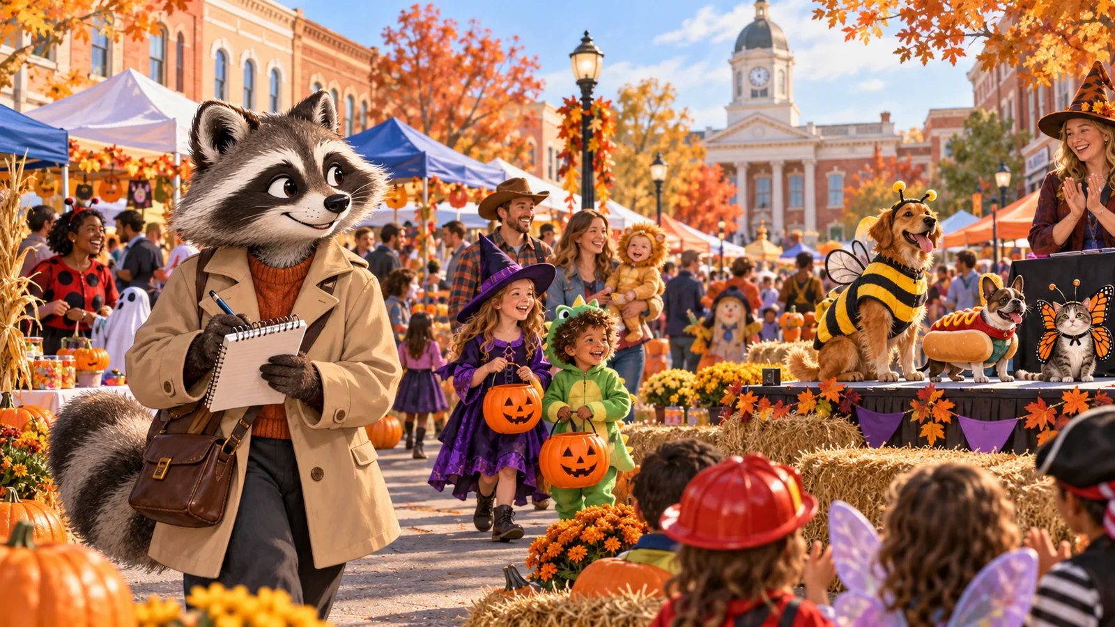 Editorial illustration of Rita Raccoon reporting from a cheerful Halloween street festival in Anniston