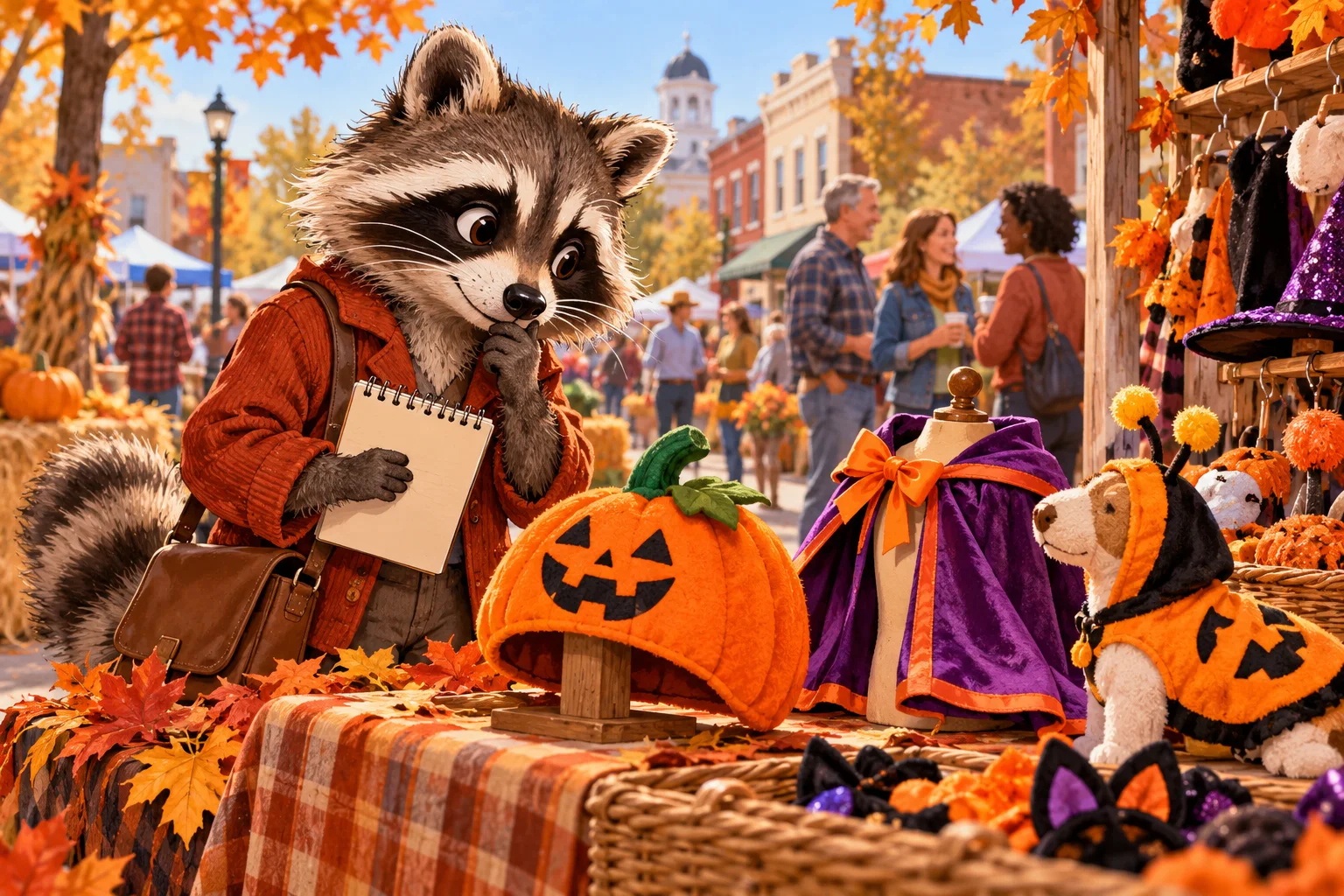 Editorial illustration of Rita Raccoon examining Halloween costume accessories at a community festival booth