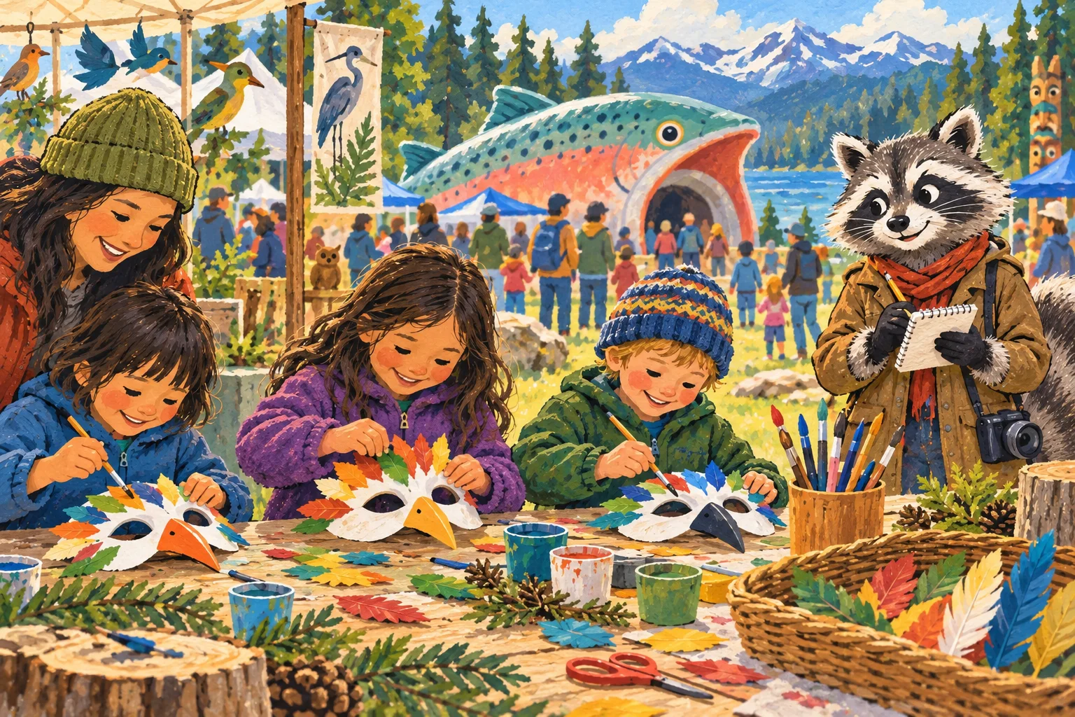 Editorial illustration of children decorating bird masks at a community watershed festival as Rita Raccoon takes notes