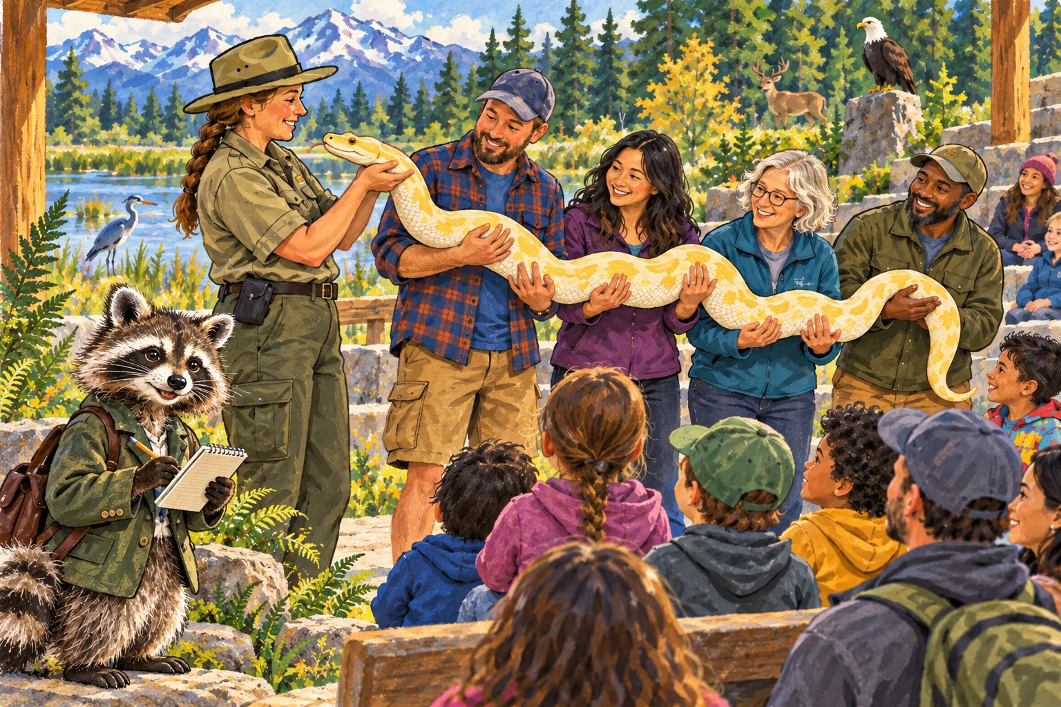Editorial illustration of Rita Raccoon observing volunteers supporting an albino python during a family wildlife presentation