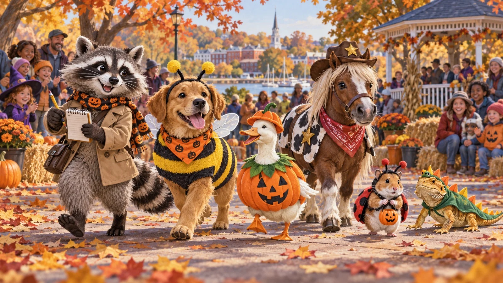 Rita Raccoon reports from an autumn park beside a dog, duck, horse, hamster and bearded dragon in cheerful Halloween costumes.