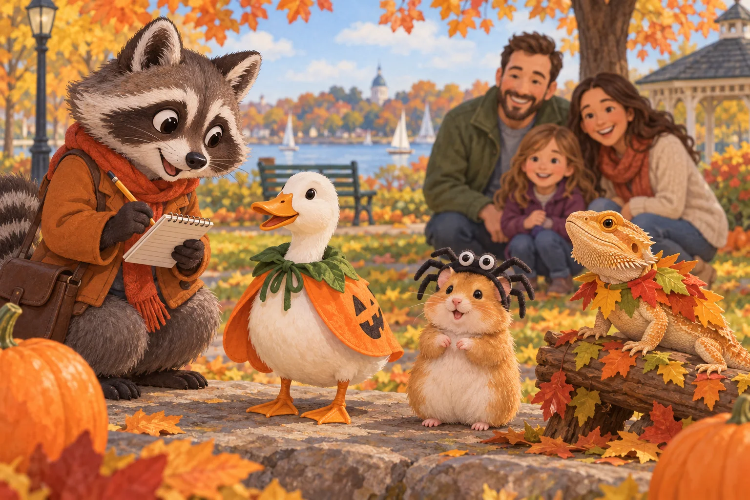 Rita Raccoon takes notes as a duck, hamster and bearded dragon model cheerful Halloween costumes in an autumn park.