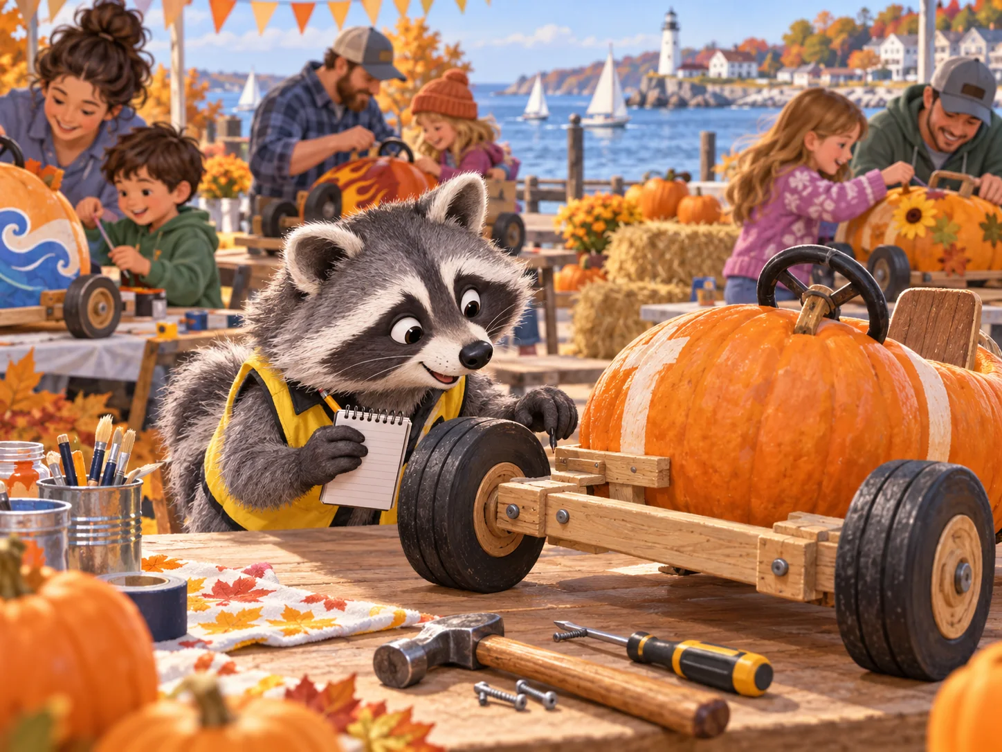 Editorial illustration of Rita Raccoon inspecting a handcrafted pumpkin racer at a coastal community build table.