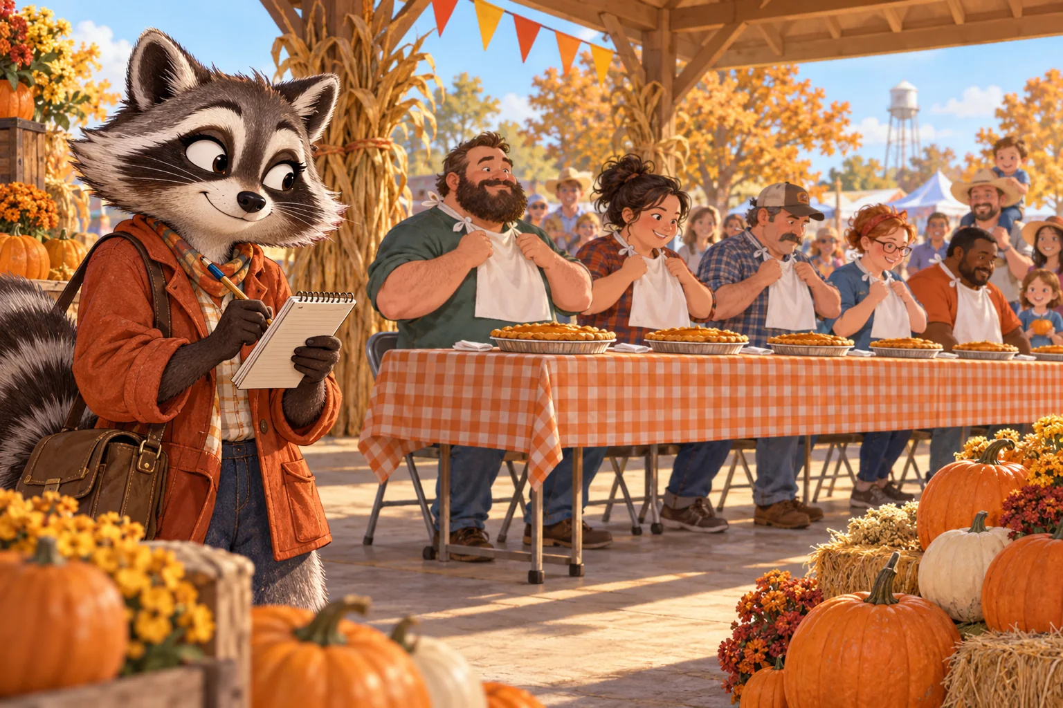 Rita Raccoon reports as contestants gather for a pumpkin pie contest beneath an autumn festival pavilion.