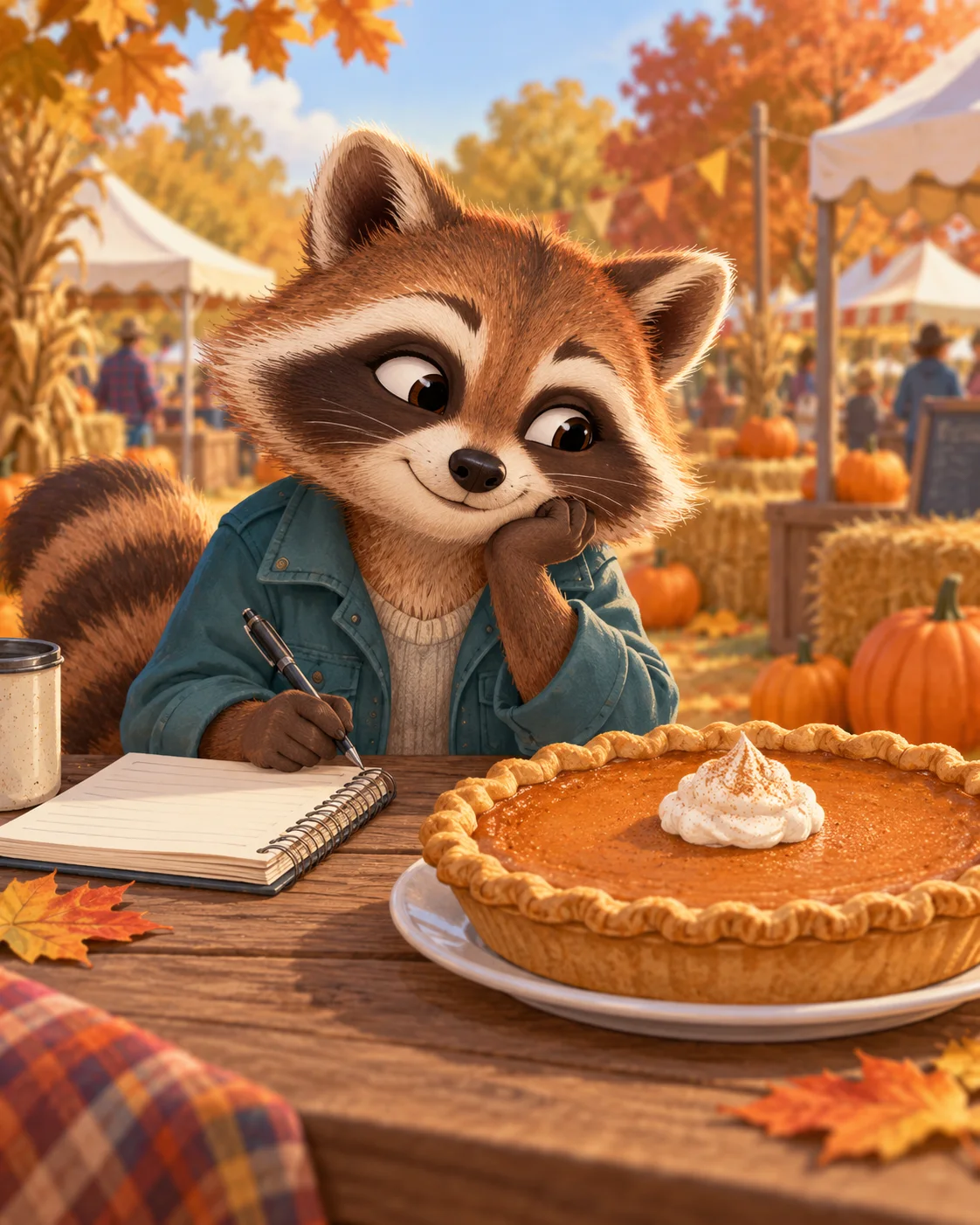 Rita Raccoon studies a pumpkin pie beside her reporter's notebook at an autumn festival.