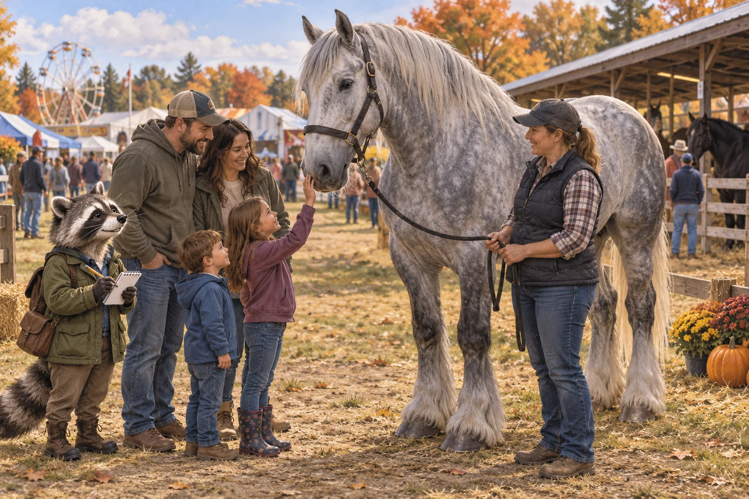 Rita Raccoon observes Pearl the grey Percheron meeting fair visitors beside her owner at an autumn agricultural fair