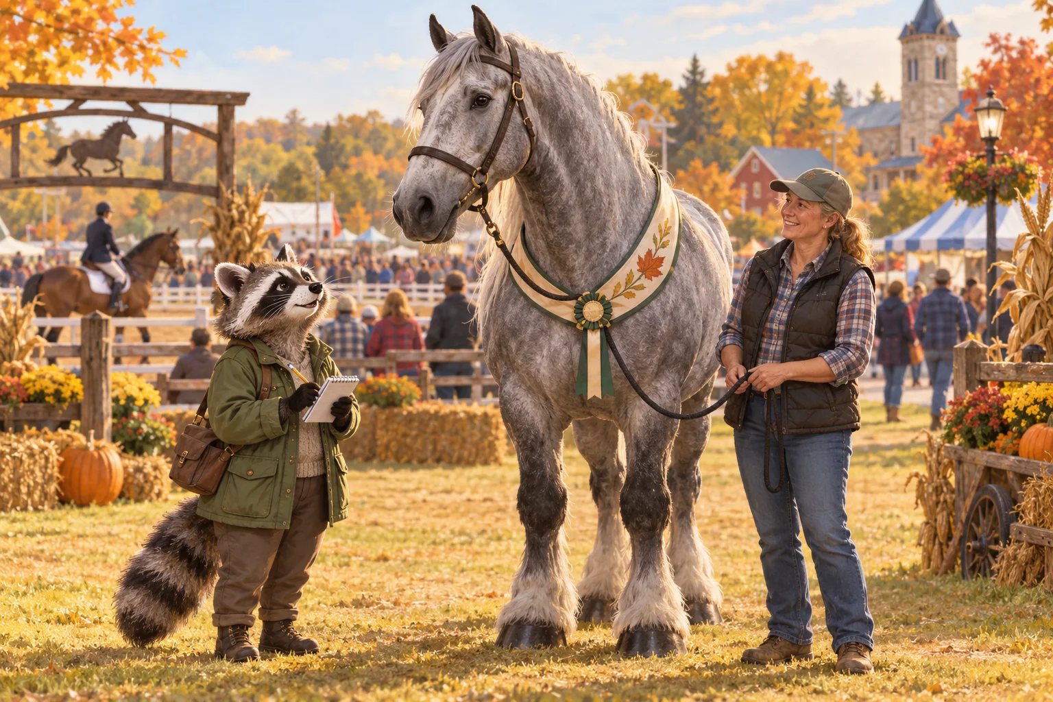 Rita Raccoon reports beside Pearl, a tall grey Percheron, and her owner at an autumn agricultural fair