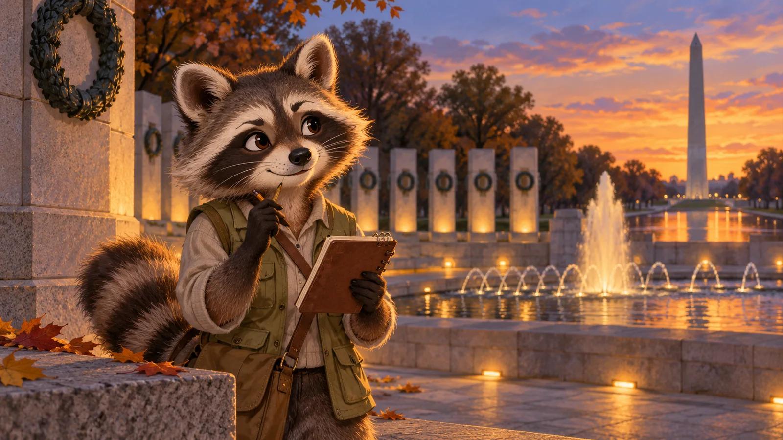 Editorial illustration of Rita Raccoon reviewing her notebook beside the World War II Memorial at dusk